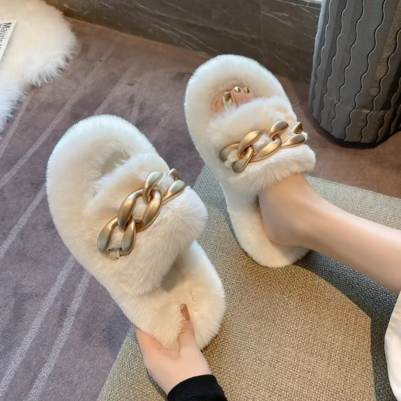Thick-Soled Furry Slippers for Women, Suitable for Outdoor Wear in Spring and Autumn, Trendy 2026 New Model, Cute Chain Rabbit Fur Home Cotton Slippers - Image 2