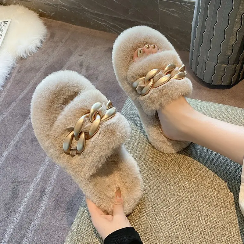 Thick-Soled Furry Slippers for Women, Suitable for Outdoor Wear in Spring and Autumn, Trendy 2026 New Model, Cute Chain Rabbit Fur Home Cotton Slippers - Image 3