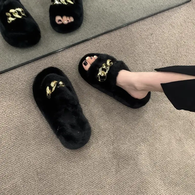 Thick-Soled Furry Slippers for Women, Suitable for Outdoor Wear in Spring and Autumn, Trendy 2026 New Model, Cute Chain Rabbit Fur Home Cotton Slippers - Image 4