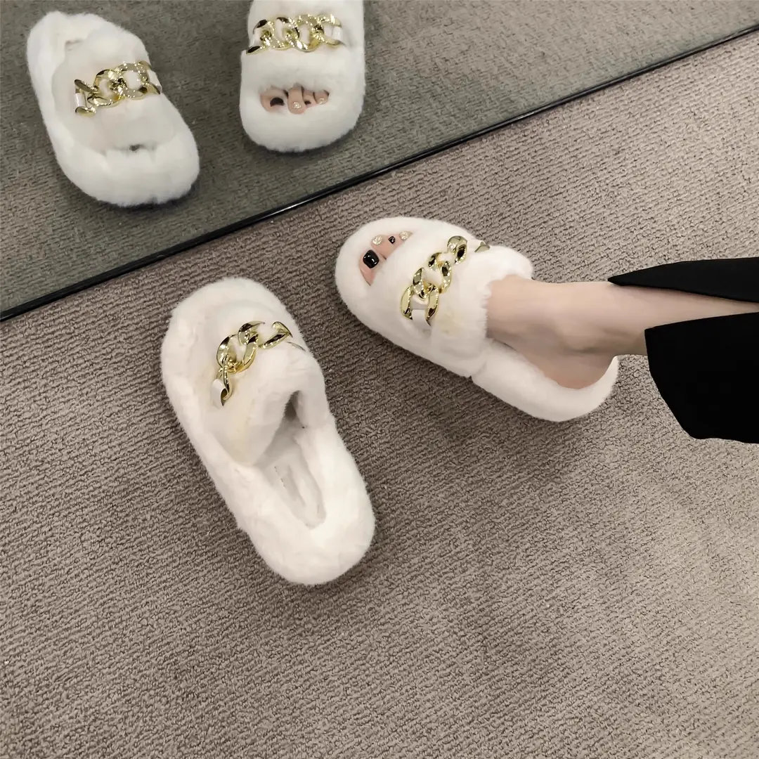 Thick-Soled Furry Slippers for Women, Suitable for Outdoor Wear in Spring and Autumn, Trendy 2026 New Model, Cute Chain Rabbit Fur Home Cotton Slippers - Image 5