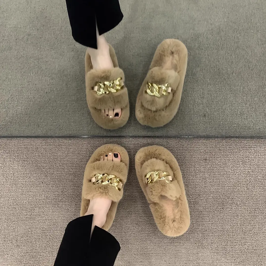 Thick-Soled Furry Slippers for Women, Suitable for Outdoor Wear in Spring and Autumn, Trendy 2026 New Model, Cute Chain Rabbit Fur Home Cotton Slippers - Image 6