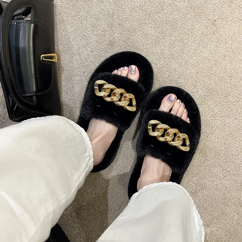 Thick-Soled Furry Slippers for Women, Suitable for Outdoor Wear in Spring and Autumn, Trendy 2026 New Model, Cute Chain Rabbit Fur Home Cotton Slippers - Image 7