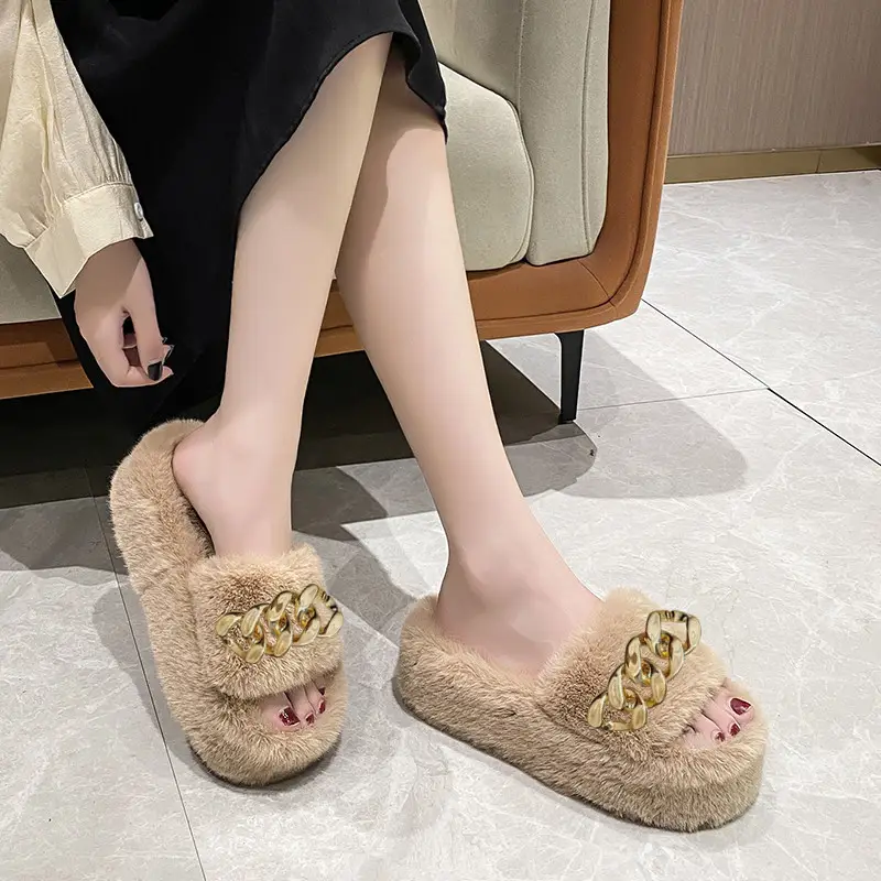 Thick-Soled Furry Slippers for Women, Suitable for Outdoor Wear in Spring and Autumn, Trendy 2026 New Model, Cute Chain Rabbit Fur Home Cotton Slippers - Image 9
