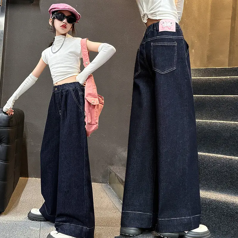 Girls Dark Blue Wide Leg Pants 2025 Spring Autumn Loose Fit Korean Style - Image 4