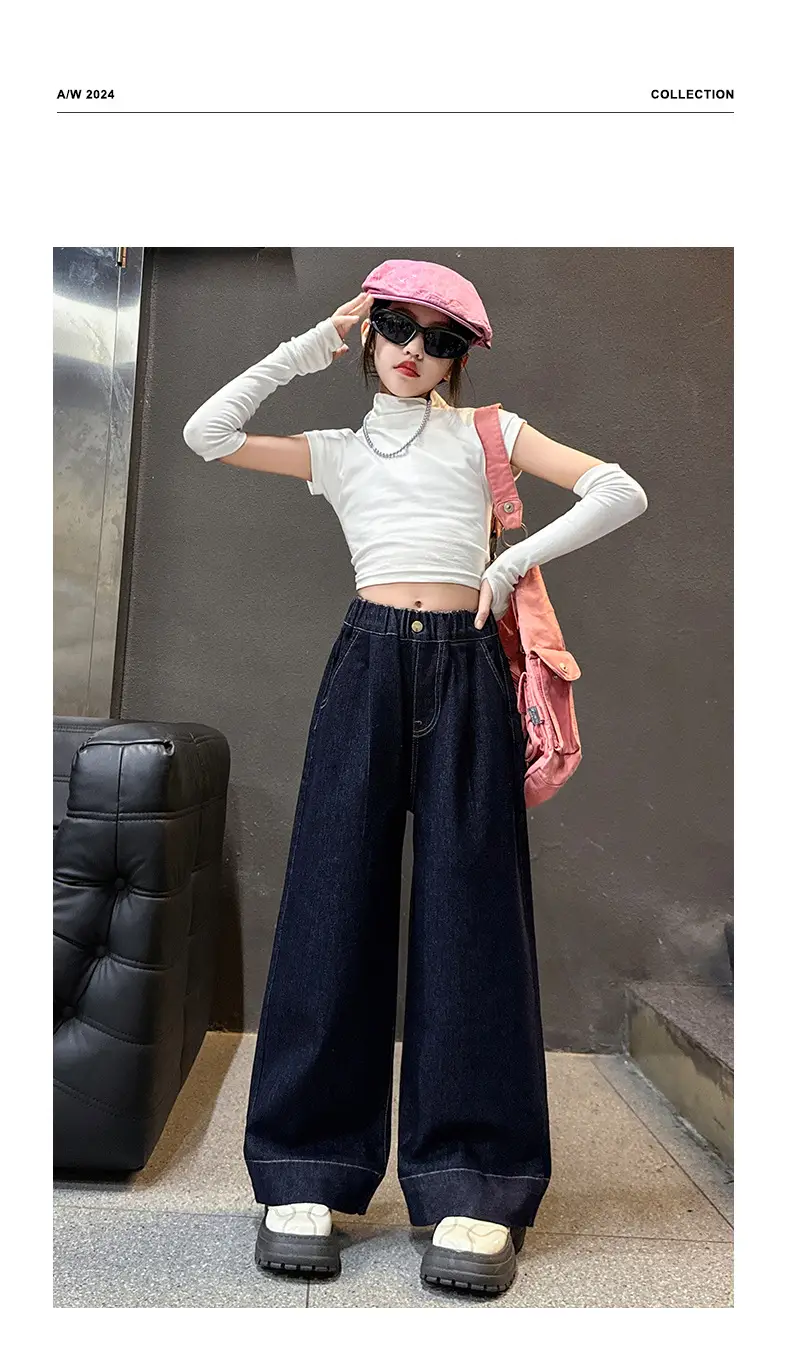 Girls Dark Blue Wide Leg Pants 2025 Spring Autumn Loose Fit Korean Style β feature 15