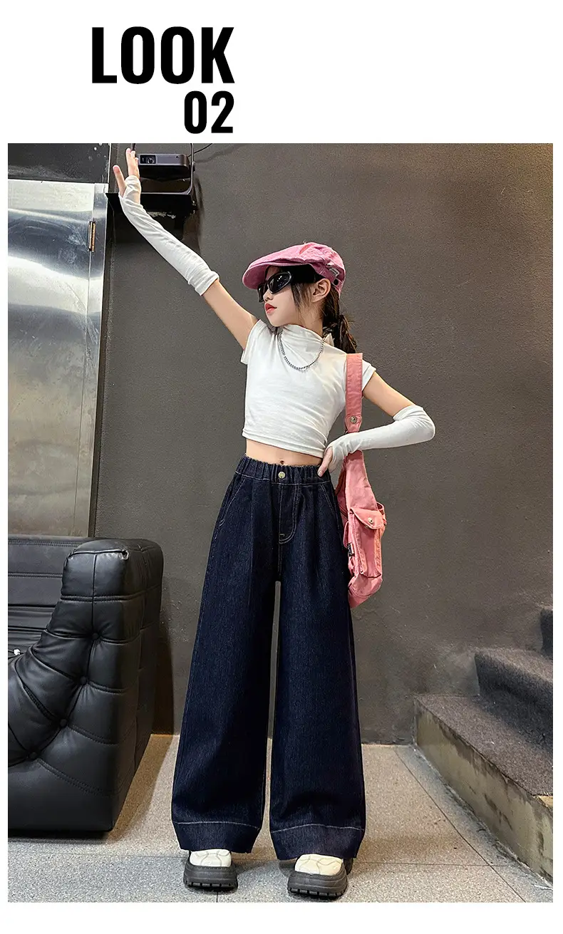 Girls Dark Blue Wide Leg Pants 2025 Spring Autumn Loose Fit Korean Style β feature 18