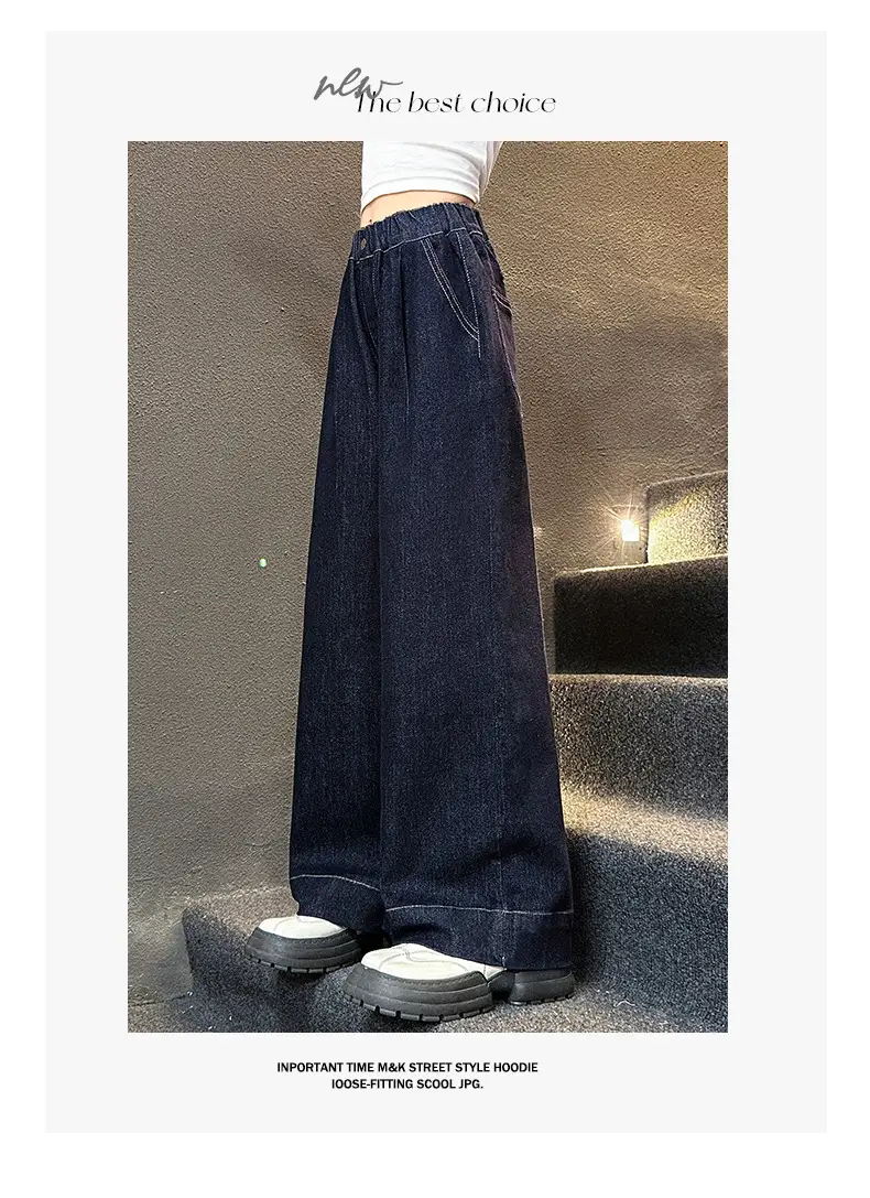 Girls Dark Blue Wide Leg Pants 2025 Spring Autumn Loose Fit Korean Style β feature 20
