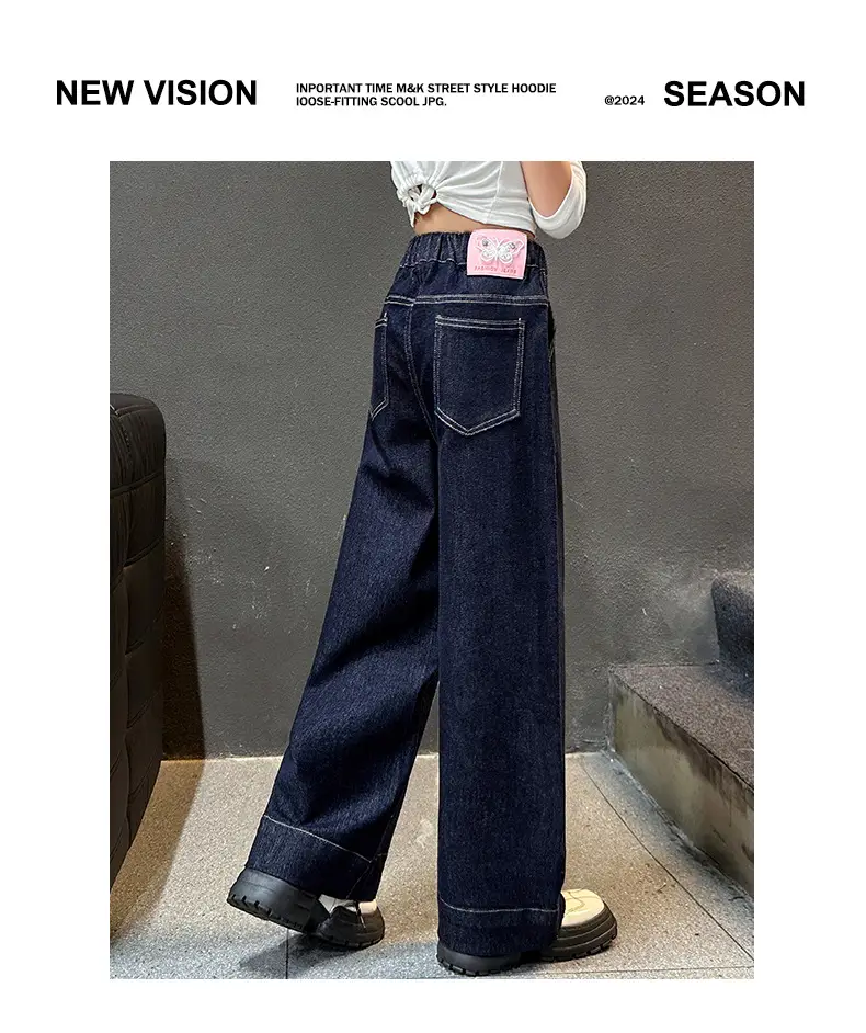 Girls Dark Blue Wide Leg Pants 2025 Spring Autumn Loose Fit Korean Style β feature 22