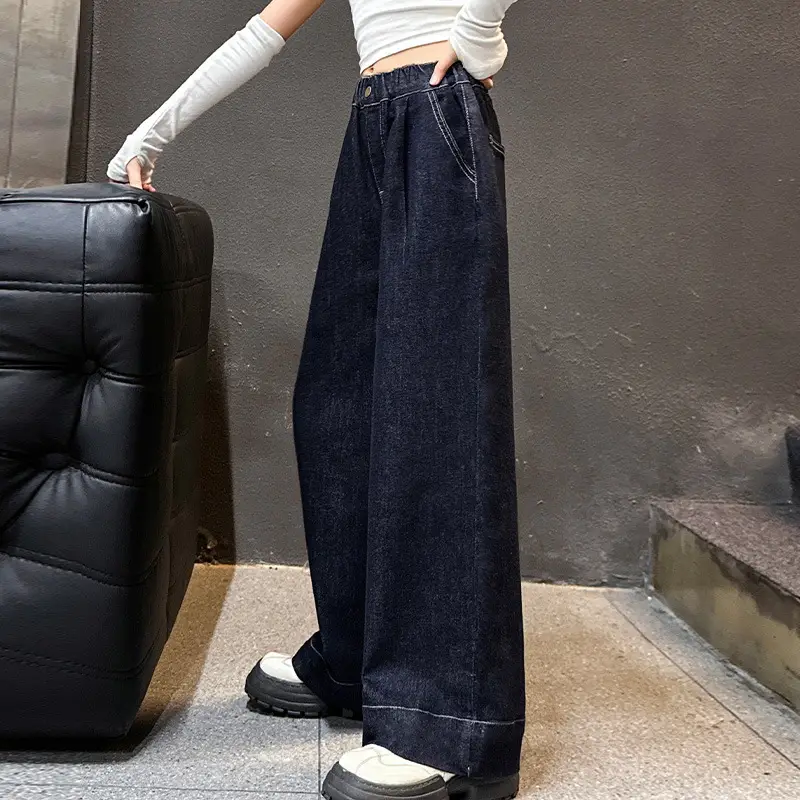 Girls Dark Blue Wide Leg Pants 2025 Spring Autumn Loose Fit Korean Style