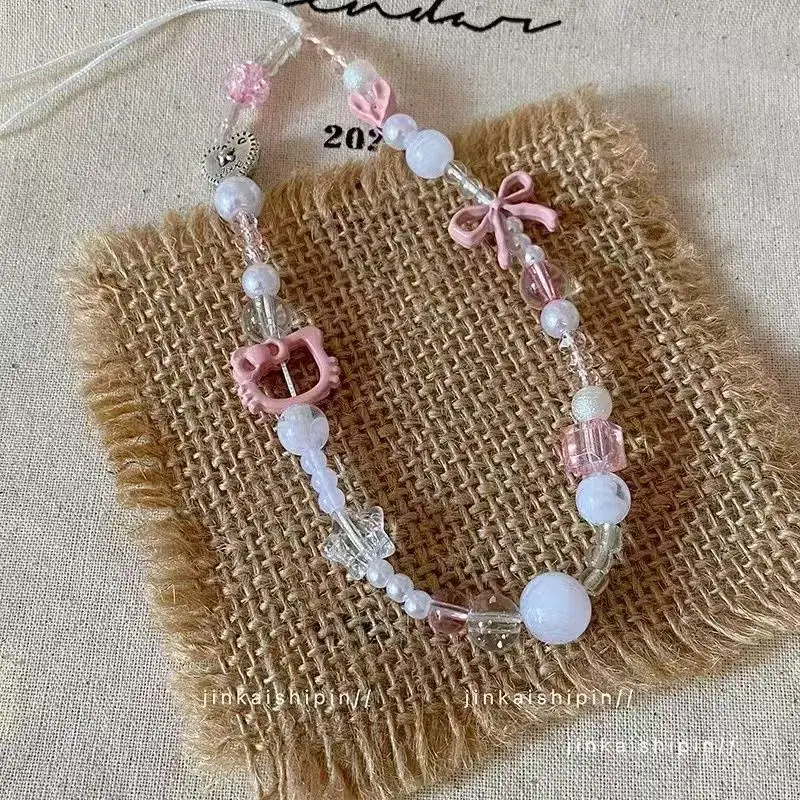 Pink Bow & Crystal Pearl Mobile Phone Chain Lanyard - Image 2