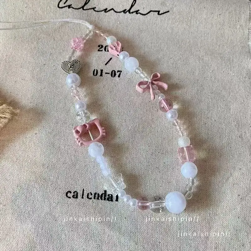Pink Bow & Crystal Pearl Mobile Phone Chain Lanyard - Image 3