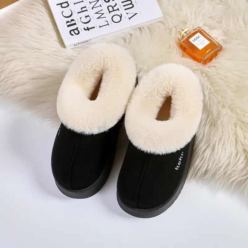 Women's Fleece Lined Winter Slippers Black Non-Slip