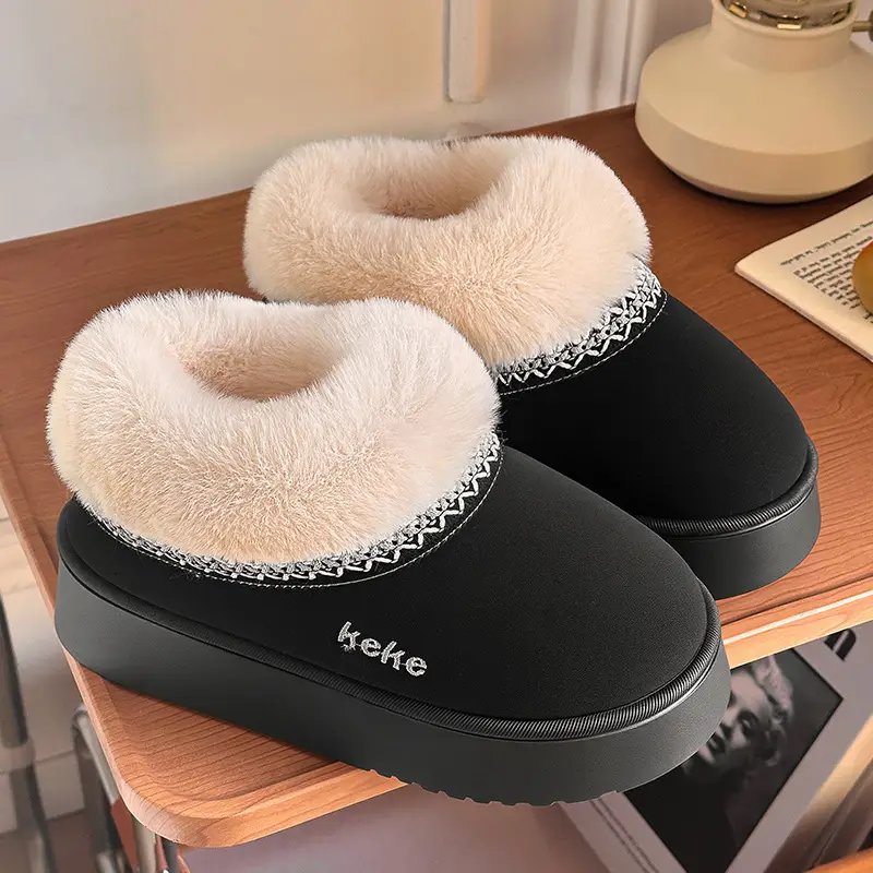 Women's Fleece Lined Winter Slippers Black Non-Slip