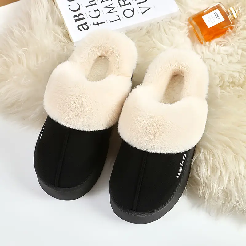 Women's Fleece Lined Winter Slippers Black Non-Slip