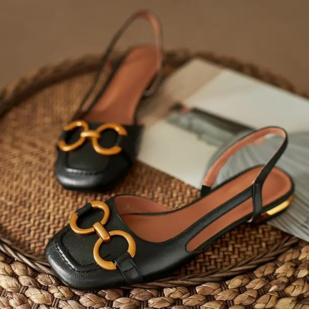 Korean Style Retro Sandals Women's Metal Horse Buckle Baotou Low Heel Shallow Rear Empty Shoes Single-layer Shoes with Square Toe - Image 5