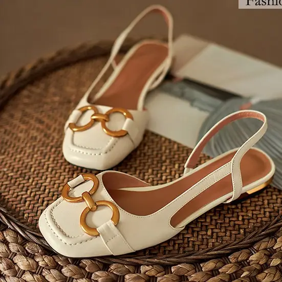 Korean Style Retro Sandals Women's Metal Horse Buckle Baotou Low Heel Shallow Rear Empty Shoes Single-layer Shoes with Square Toe - Image 7
