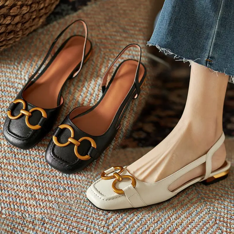 Korean Style Retro Sandals Women's Metal Horse Buckle Baotou Low Heel Shallow Rear Empty Shoes Single-layer Shoes with Square Toe — feature 1