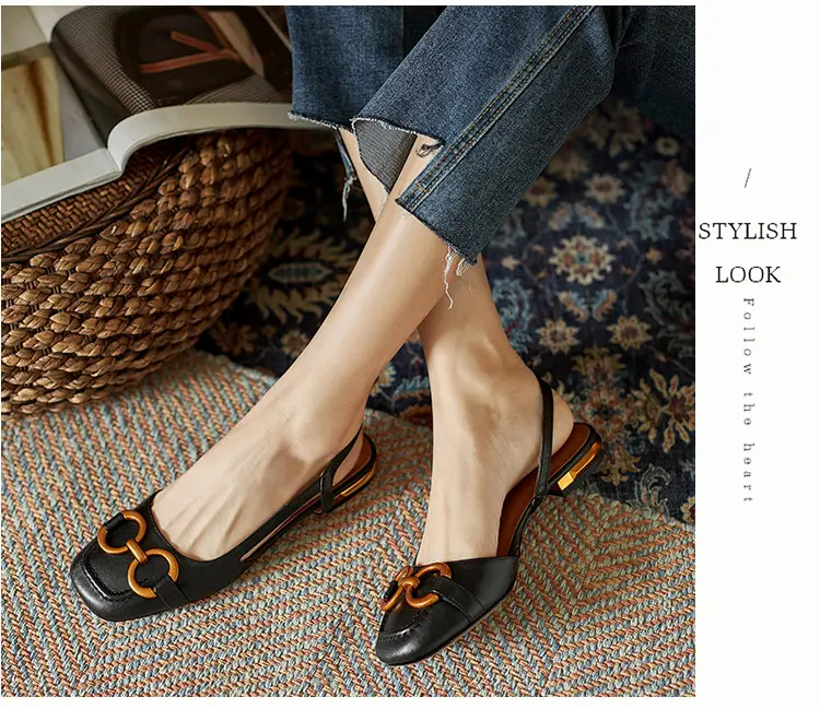 Korean Style Retro Sandals Women's Metal Horse Buckle Baotou Low Heel Shallow Rear Empty Shoes Single-layer Shoes with Square Toe — feature 11