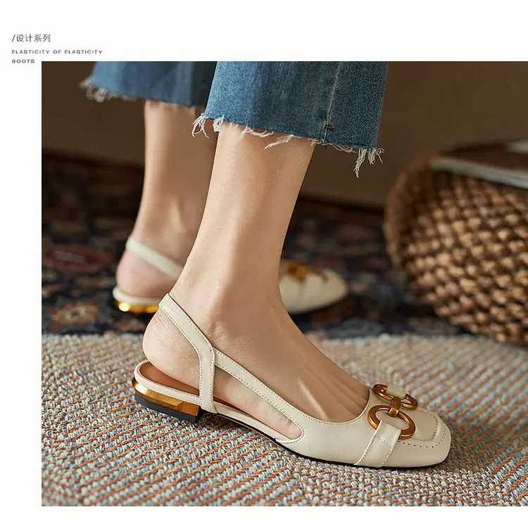 Korean Style Retro Sandals Women's Metal Horse Buckle Baotou Low Heel Shallow Rear Empty Shoes Single-layer Shoes with Square Toe — feature 13