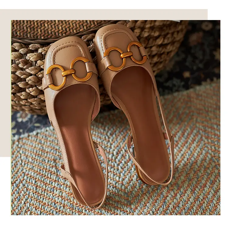 Korean Style Retro Sandals Women's Metal Horse Buckle Baotou Low Heel Shallow Rear Empty Shoes Single-layer Shoes with Square Toe — feature 15