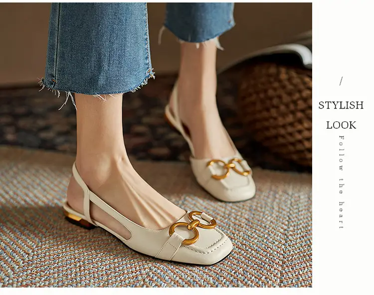 Korean Style Retro Sandals Women's Metal Horse Buckle Baotou Low Heel Shallow Rear Empty Shoes Single-layer Shoes with Square Toe — feature 17