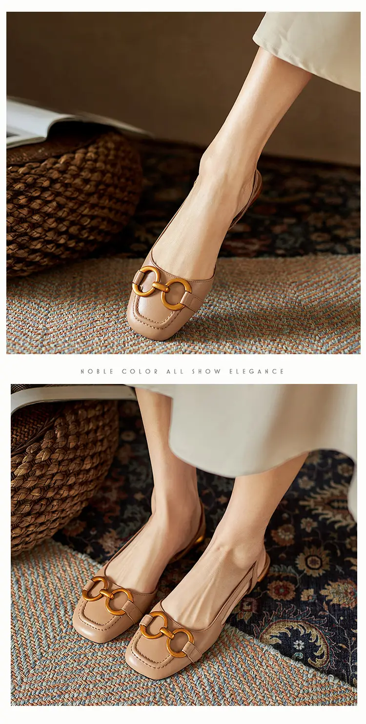 Korean Style Retro Sandals Women's Metal Horse Buckle Baotou Low Heel Shallow Rear Empty Shoes Single-layer Shoes with Square Toe — feature 18