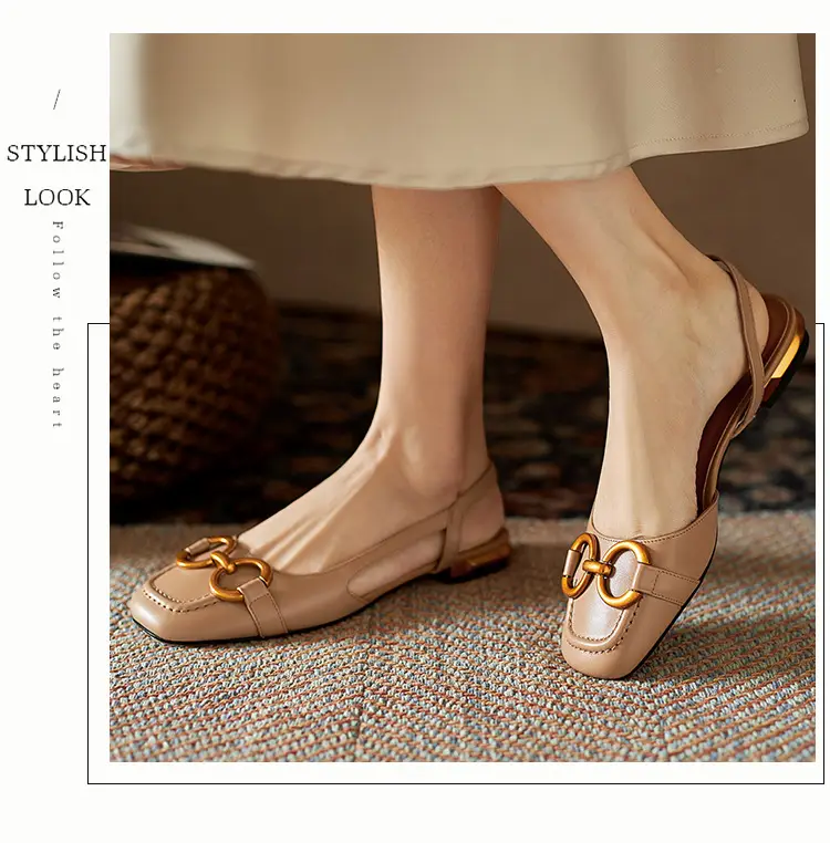Korean Style Retro Sandals Women's Metal Horse Buckle Baotou Low Heel Shallow Rear Empty Shoes Single-layer Shoes with Square Toe — feature 21