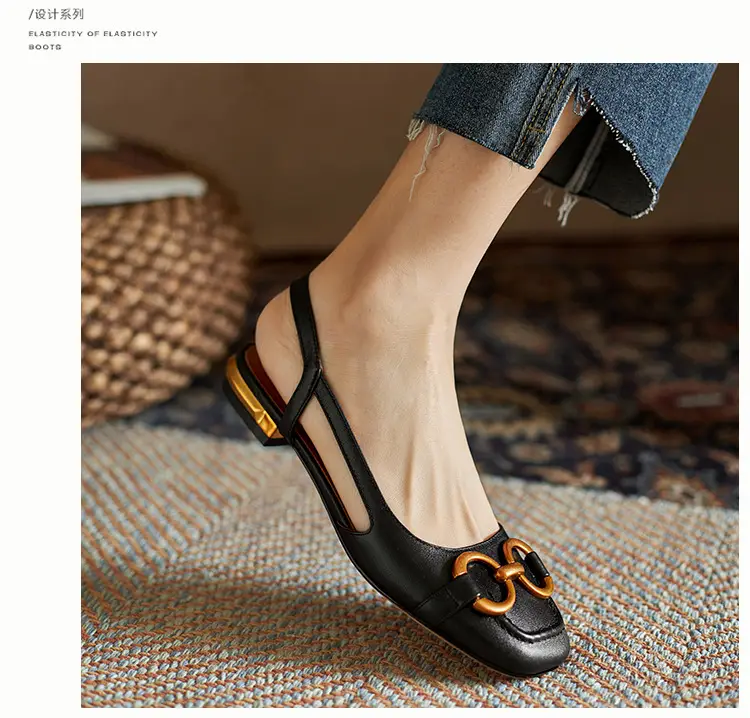 Korean Style Retro Sandals Women's Metal Horse Buckle Baotou Low Heel Shallow Rear Empty Shoes Single-layer Shoes with Square Toe — feature 23