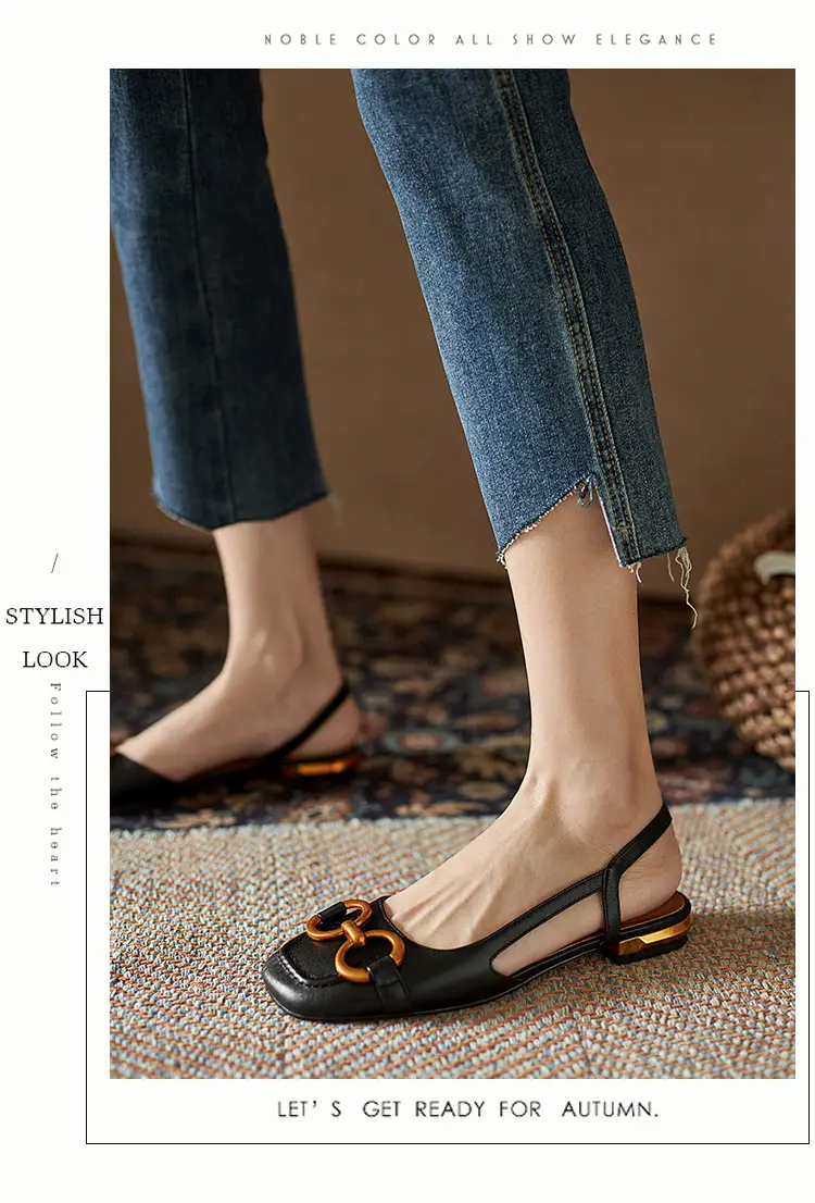 Korean Style Retro Sandals Women's Metal Horse Buckle Baotou Low Heel Shallow Rear Empty Shoes Single-layer Shoes with Square Toe — feature 24