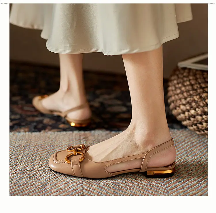 Korean Style Retro Sandals Women's Metal Horse Buckle Baotou Low Heel Shallow Rear Empty Shoes Single-layer Shoes with Square Toe — feature 25