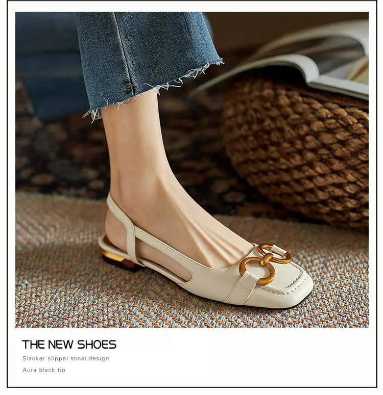 Korean Style Retro Sandals Women's Metal Horse Buckle Baotou Low Heel Shallow Rear Empty Shoes Single-layer Shoes with Square Toe — feature 26