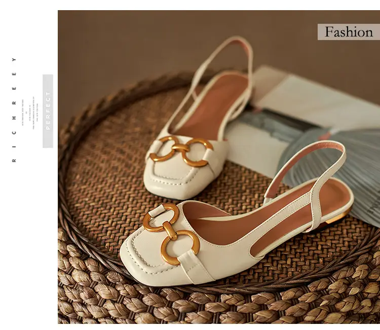 Korean Style Retro Sandals Women's Metal Horse Buckle Baotou Low Heel Shallow Rear Empty Shoes Single-layer Shoes with Square Toe — feature 27