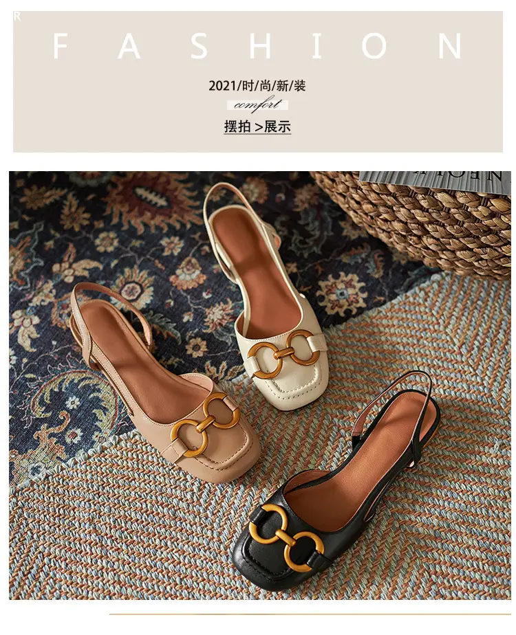 Korean Style Retro Sandals Women's Metal Horse Buckle Baotou Low Heel Shallow Rear Empty Shoes Single-layer Shoes with Square Toe — feature 28