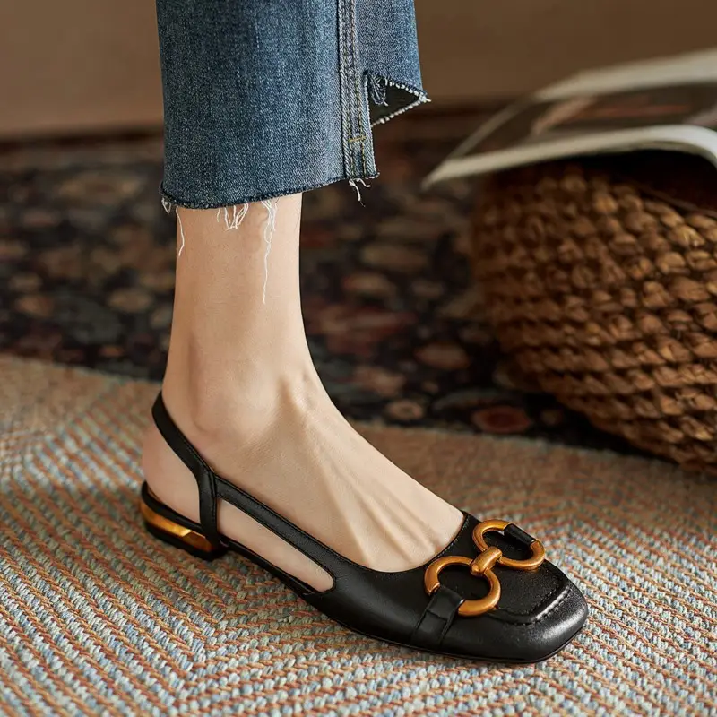 Korean Style Retro Sandals Women's Metal Horse Buckle Baotou Low Heel Shallow Rear Empty Shoes Single-layer Shoes with Square Toe — feature 3