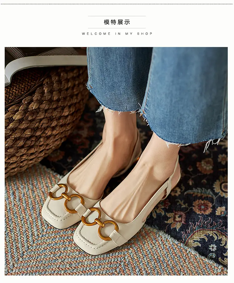 Korean Style Retro Sandals Women's Metal Horse Buckle Baotou Low Heel Shallow Rear Empty Shoes Single-layer Shoes with Square Toe — feature 30