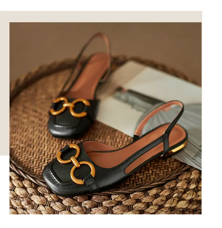 Korean Style Retro Sandals Women's Metal Horse Buckle Baotou Low Heel Shallow Rear Empty Shoes Single-layer Shoes with Square Toe — feature 32
