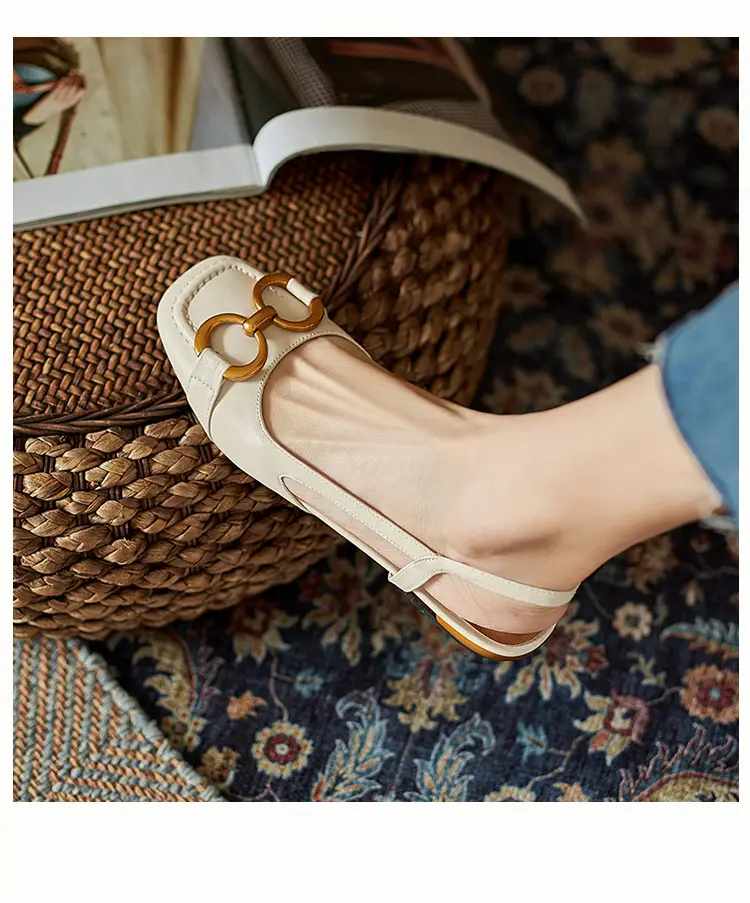 Korean Style Retro Sandals Women's Metal Horse Buckle Baotou Low Heel Shallow Rear Empty Shoes Single-layer Shoes with Square Toe — feature 34