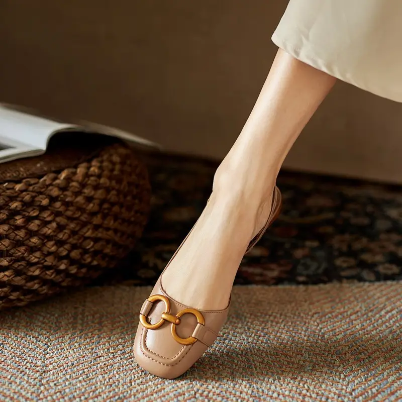 Korean Style Retro Sandals Women's Metal Horse Buckle Baotou Low Heel Shallow Rear Empty Shoes Single-layer Shoes with Square Toe — feature 35