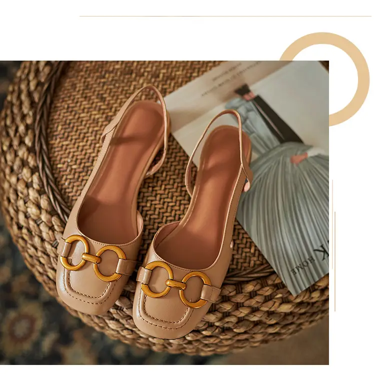 Korean Style Retro Sandals Women's Metal Horse Buckle Baotou Low Heel Shallow Rear Empty Shoes Single-layer Shoes with Square Toe — feature 36