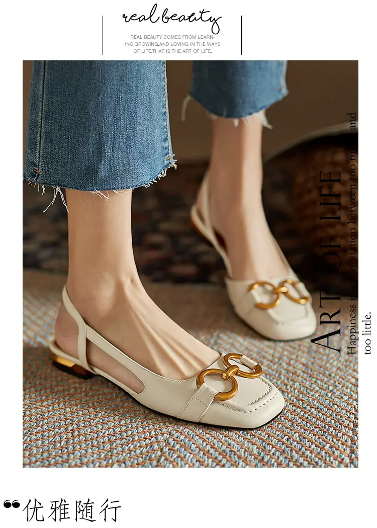 Korean Style Retro Sandals Women's Metal Horse Buckle Baotou Low Heel Shallow Rear Empty Shoes Single-layer Shoes with Square Toe — feature 5