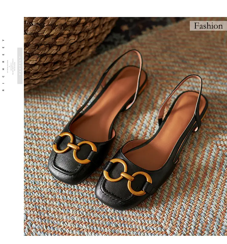 Korean Style Retro Sandals Women's Metal Horse Buckle Baotou Low Heel Shallow Rear Empty Shoes Single-layer Shoes with Square Toe — feature 6