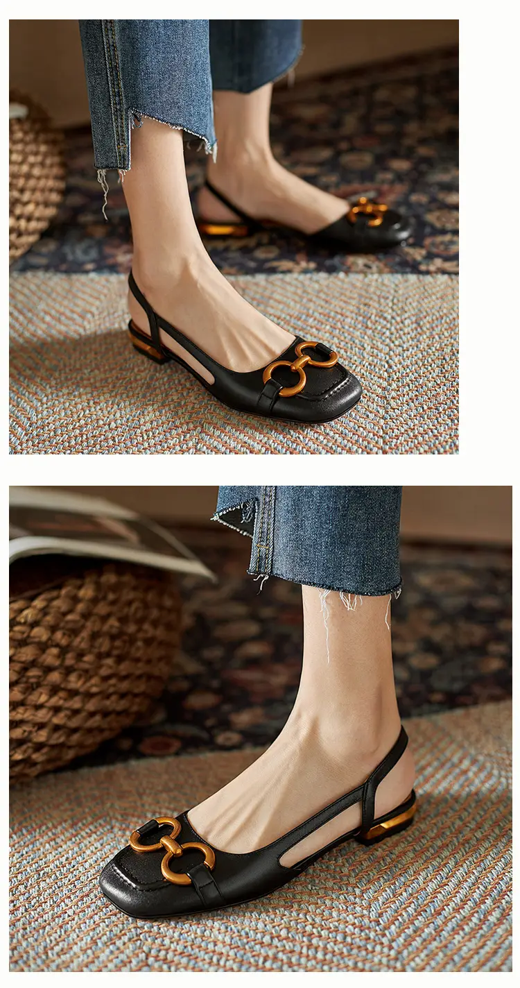 Korean Style Retro Sandals Women's Metal Horse Buckle Baotou Low Heel Shallow Rear Empty Shoes Single-layer Shoes with Square Toe — feature 7