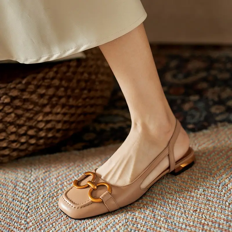 Korean Style Retro Sandals Women's Metal Horse Buckle Baotou Low Heel Shallow Rear Empty Shoes Single-layer Shoes with Square Toe - Image 2