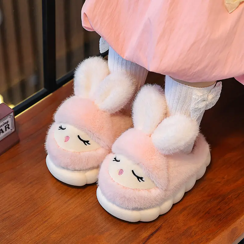 Winter Children's Cotton Slippers Cute Rabbit Warm fleece-lined Girl Parent-Child Home Non-Slip Platform Baby Cotton Shoes