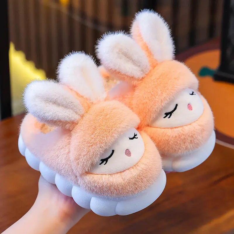Winter Children's Cotton Slippers Cute Rabbit Warm fleece-lined Girl Parent-Child Home Non-Slip Platform Baby Cotton Shoes