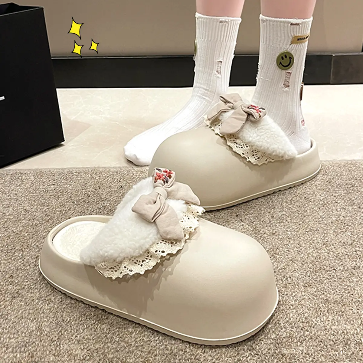 Women's Bow Plush Cotton Slippers Winter Warm Heart Stomp