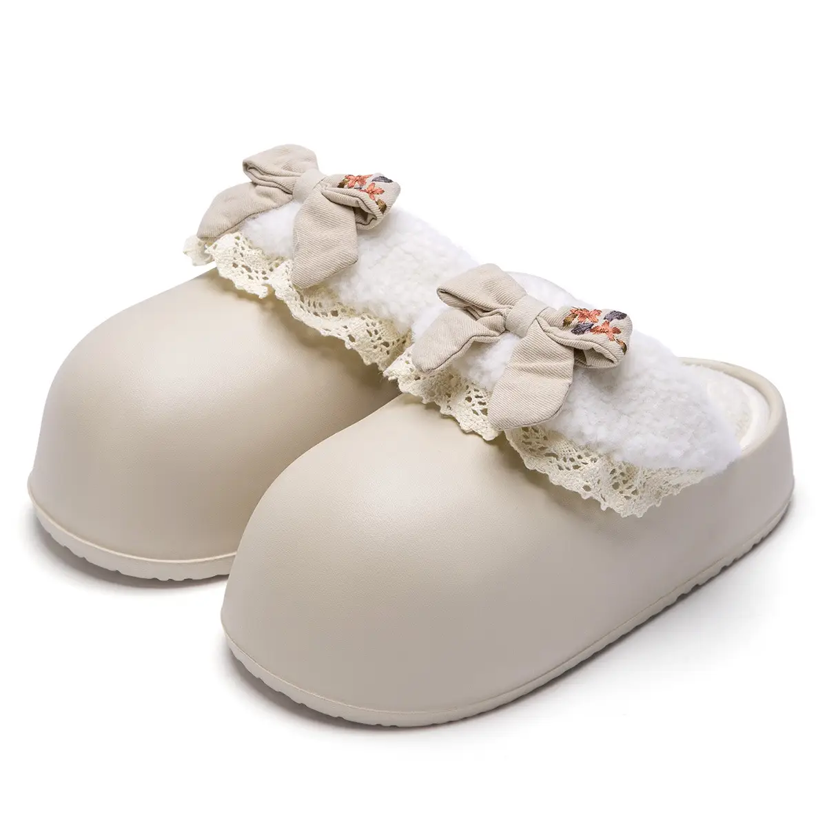 Women's Bow Plush Cotton Slippers Winter Warm Heart Stomp