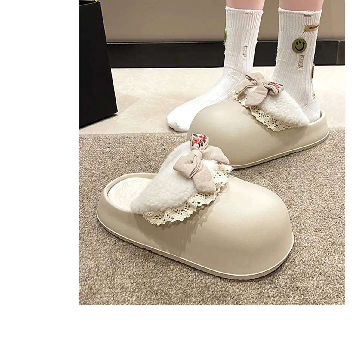 Women's Bow Plush Cotton Slippers Winter Warm Heart Stomp — feature 16