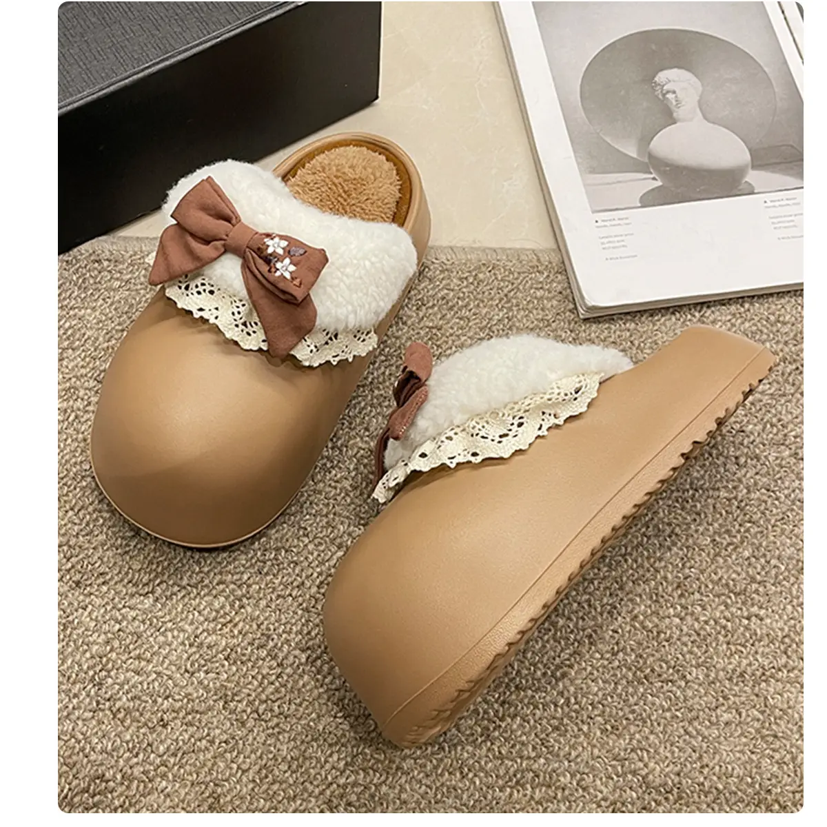 Women's Bow Plush Cotton Slippers Winter Warm Heart Stomp — feature 17