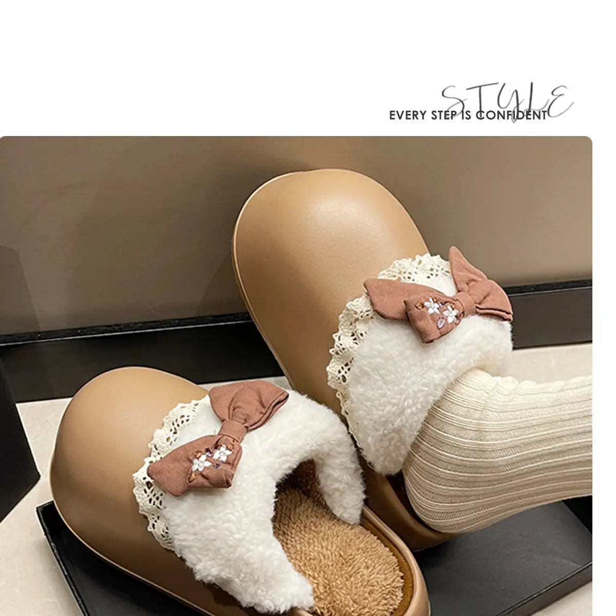 Women's Bow Plush Cotton Slippers Winter Warm Heart Stomp — feature 18